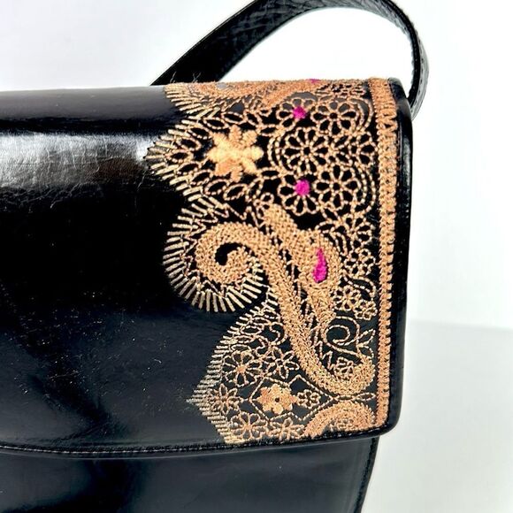 Oscar De La Renta Studio Black Leather Crossbody Shoulder Bag Purse Embroidered - Picture 6 of 16